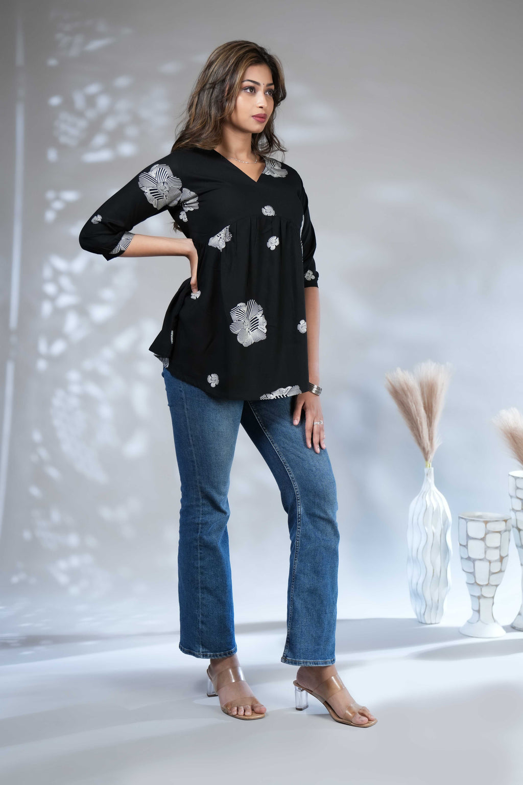 Women's Black Printed V-Neck Babydoll Style Tunic Top