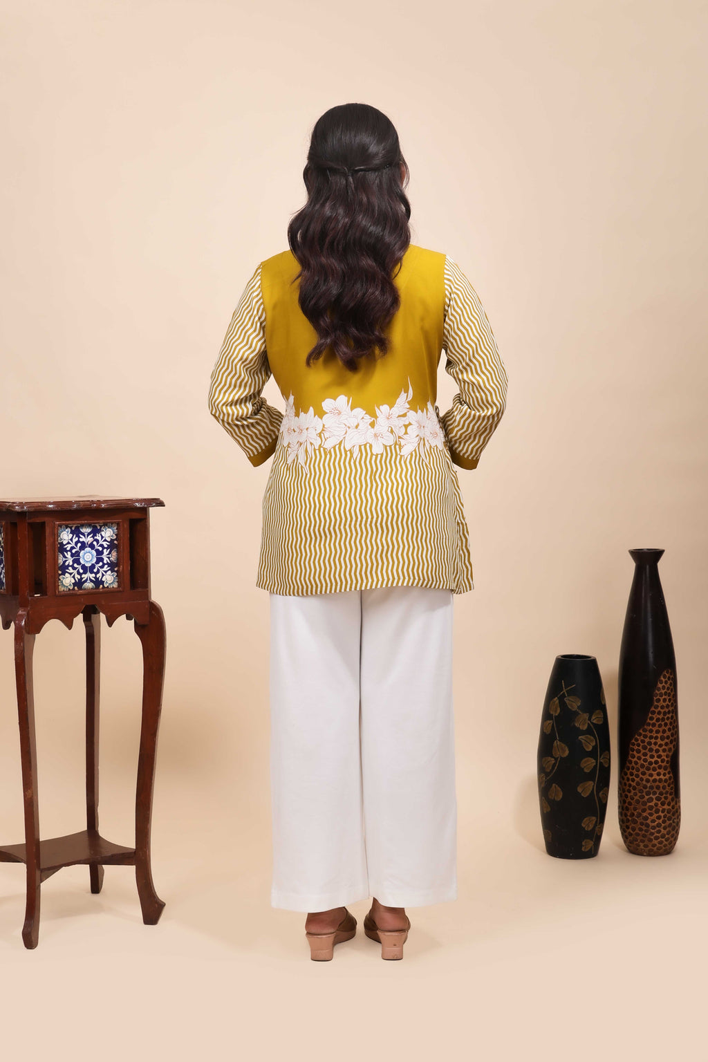 Elegant Mustard Yellow Floral & Striped Fusion Tunic Top