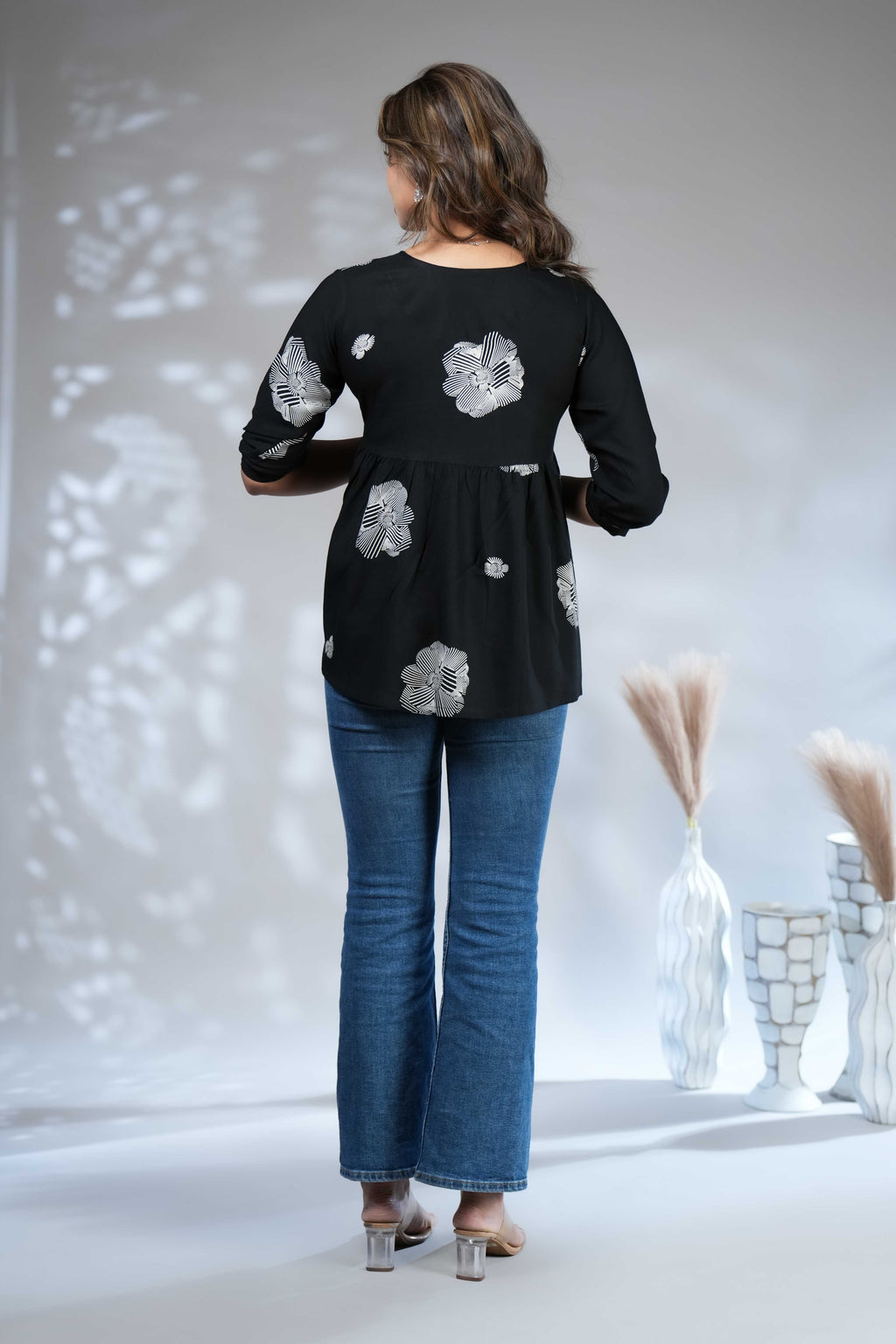 Women's Black Printed V-Neck Babydoll Style Tunic Top