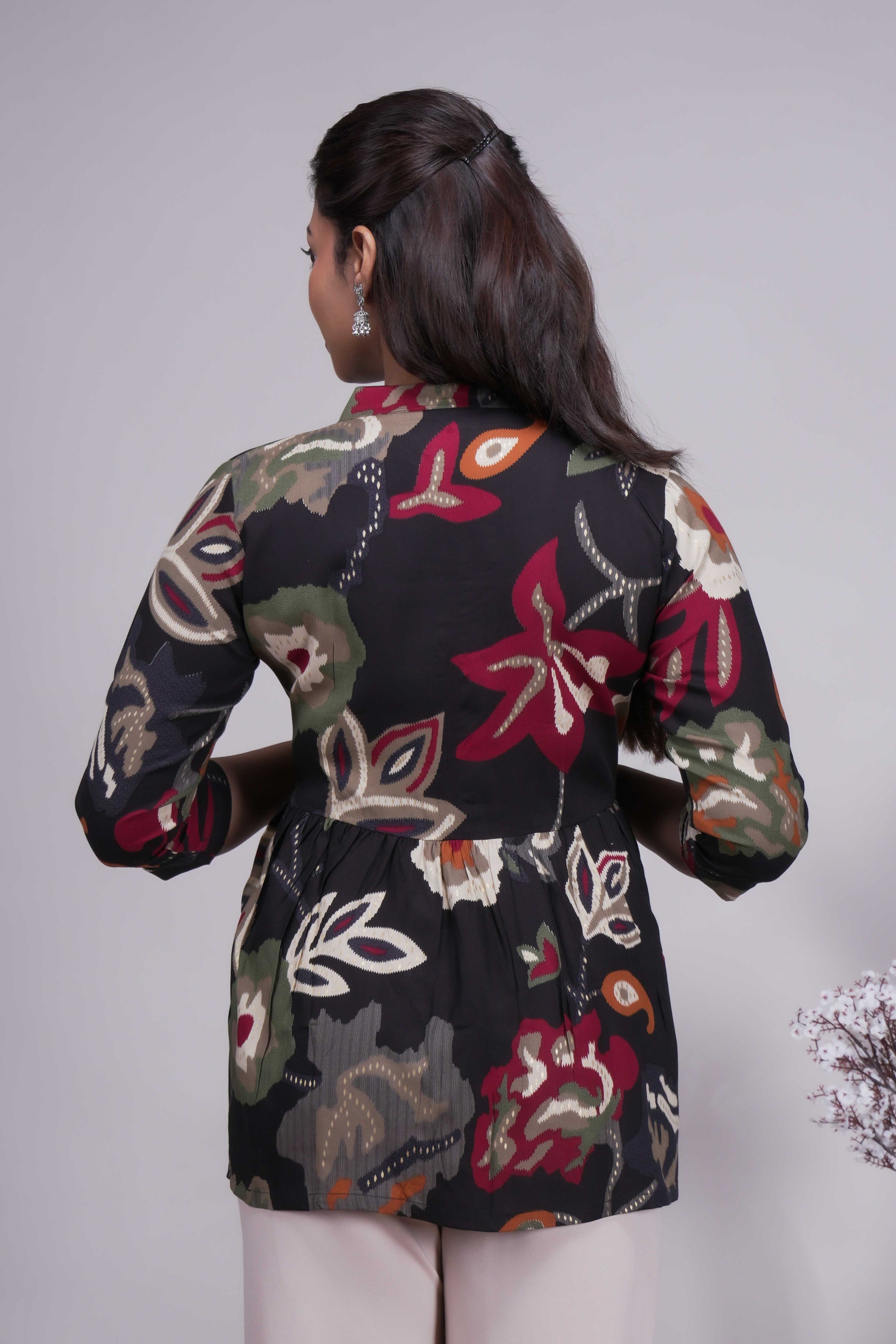Women's Black Kalamkari Print Peplum Tunic Top
