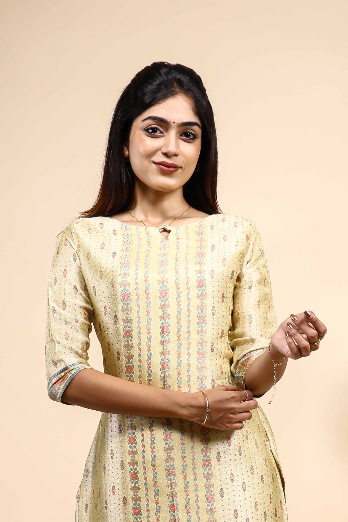Light Yellow Floral Printed Straight Kurta 3 Piece Set