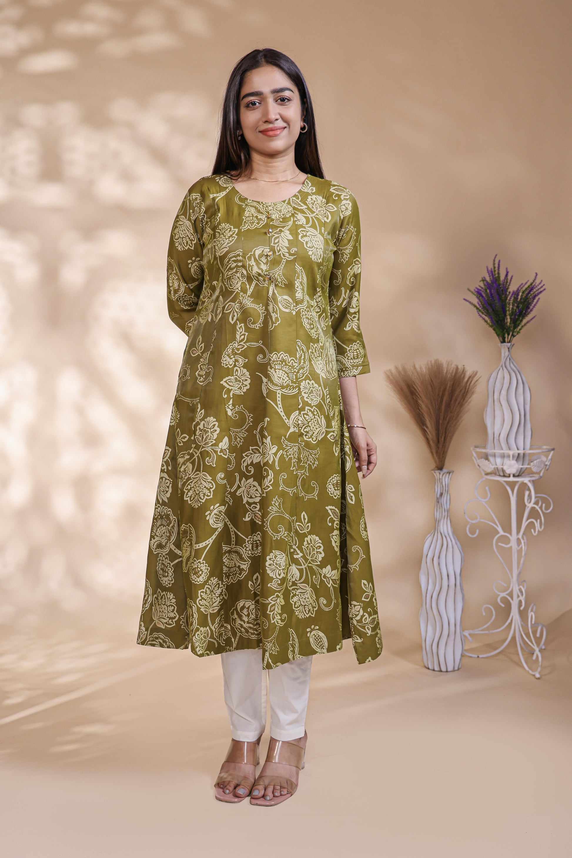Olive Green Floral Printed Umbrella Top