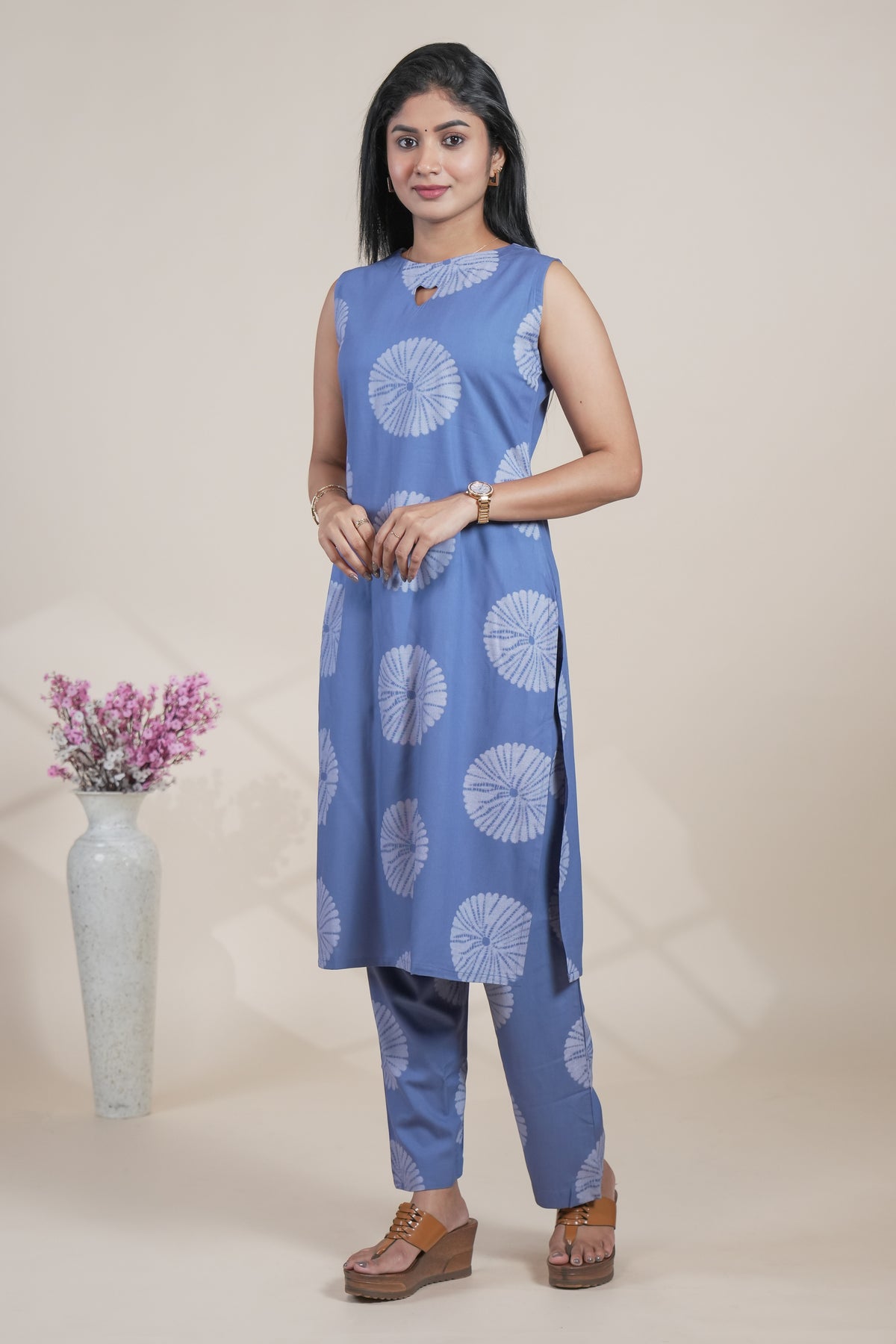Blue Tie-Dye Printed Sleeveless Kurta with Matching Pants Set