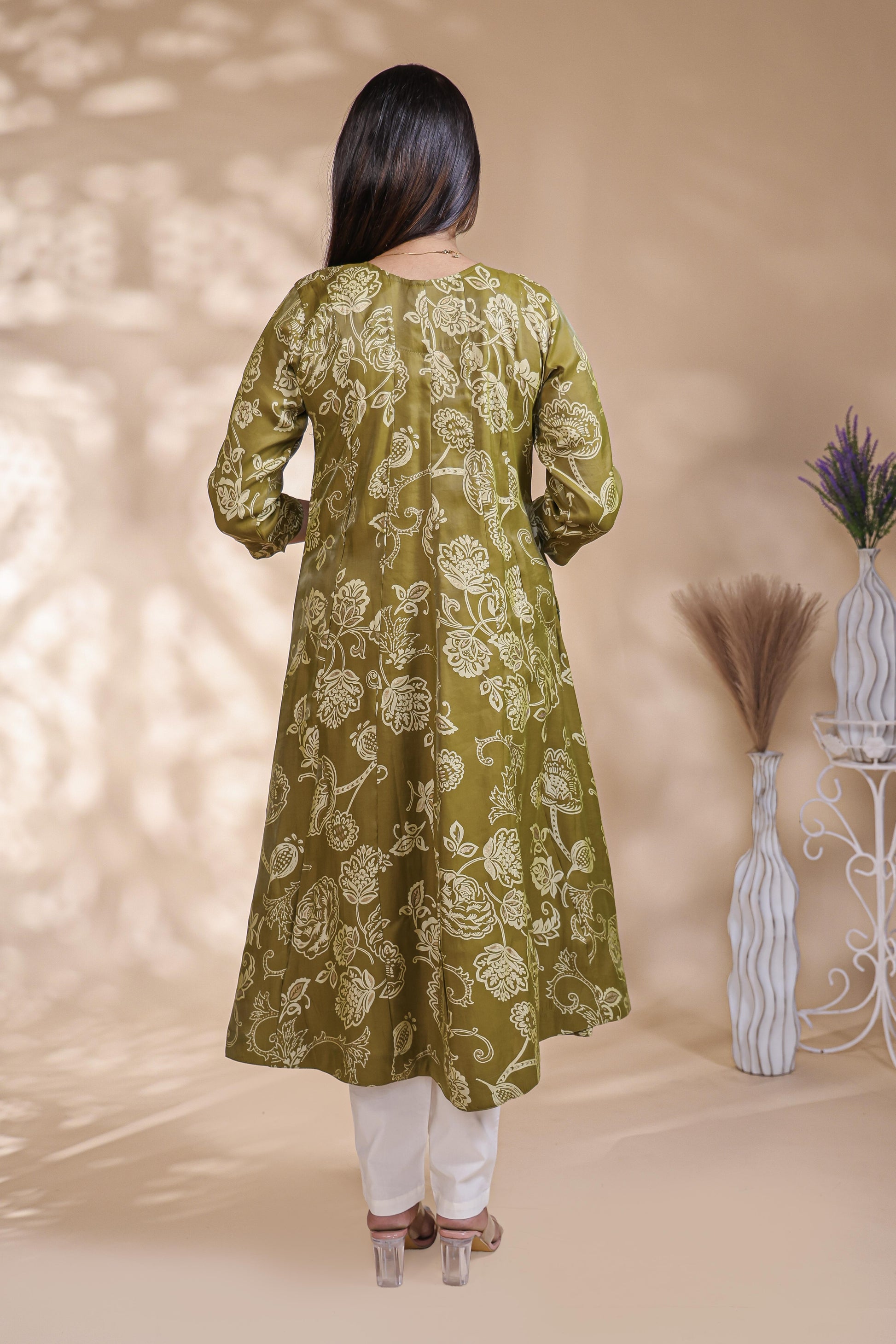 Olive Green Floral Printed Umbrella Top