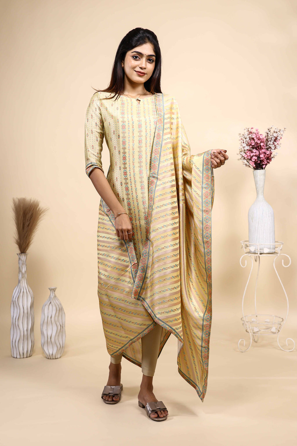 Light Yellow Floral Printed Straight Kurta 3 Piece Set