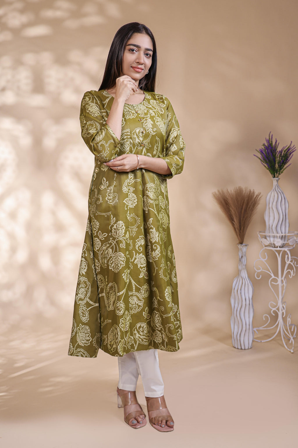 Olive Green Floral Printed Umbrella Top