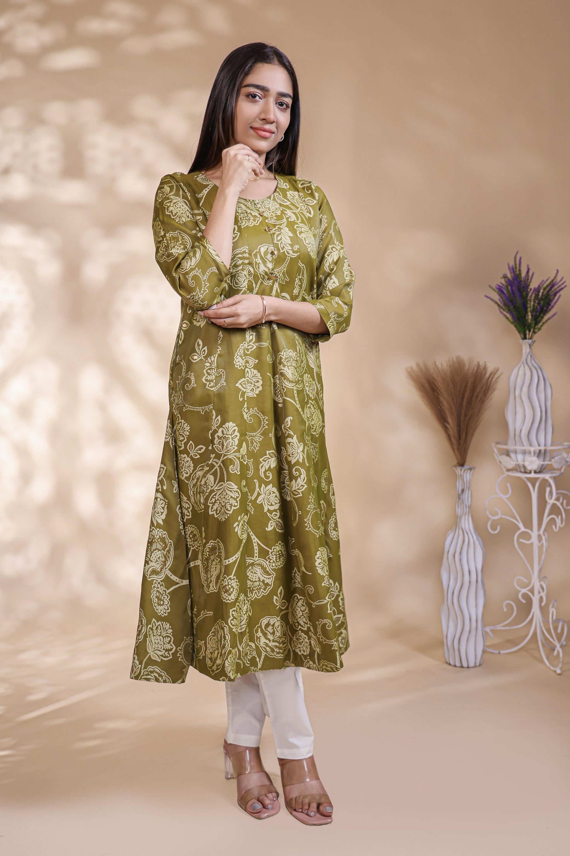 Olive Green Floral Printed Umbrella Top