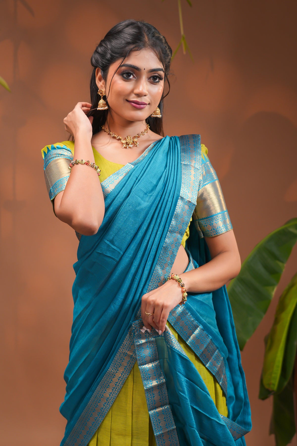 Vibrant Blue and Lime Green Traditional Half Saree Set