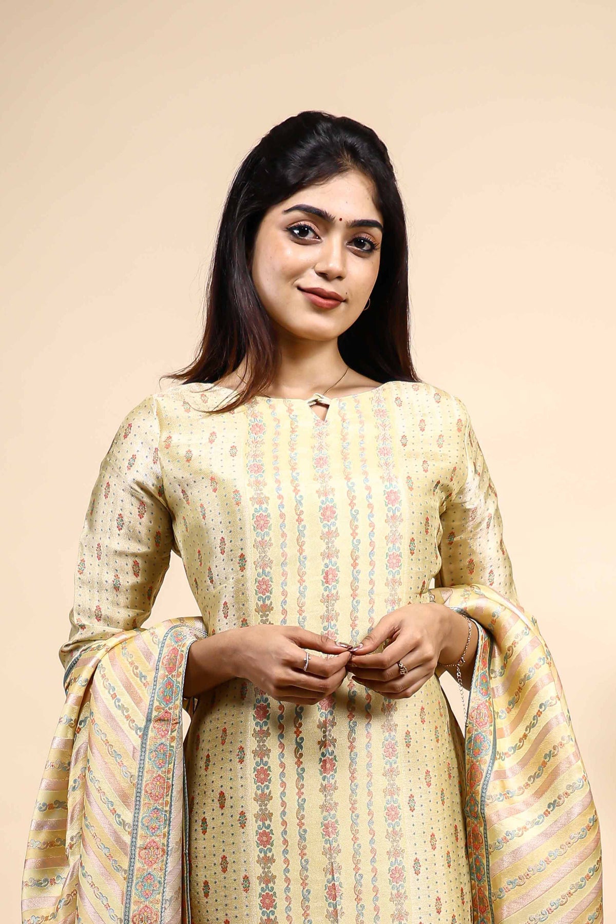 Light Yellow Floral Printed Straight Kurta 3 Piece Set