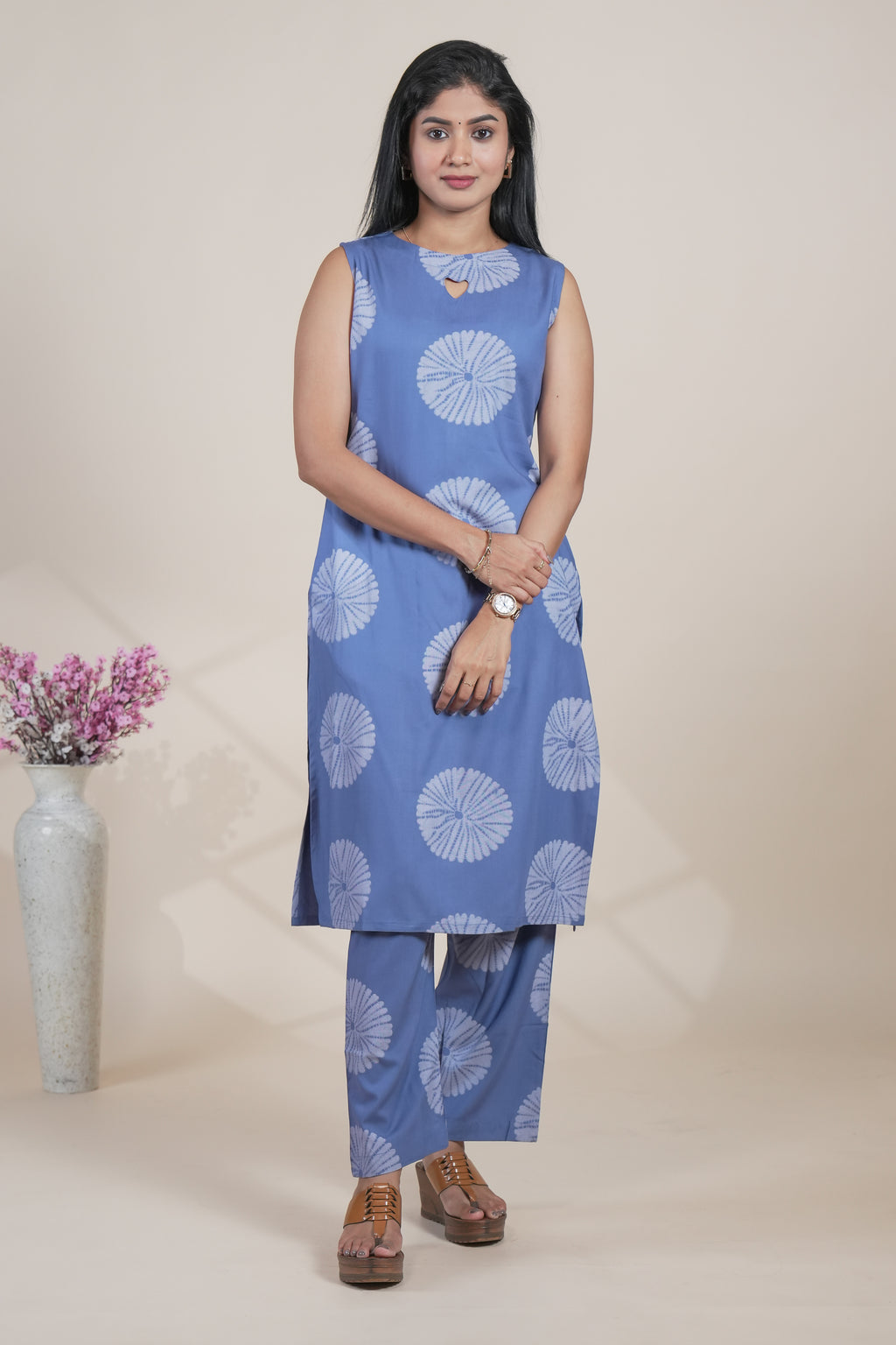 Blue Tie-Dye Printed Sleeveless Kurta with Matching Pants Set