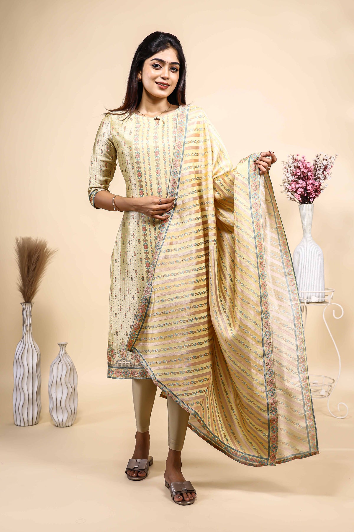 Light Yellow Floral Printed Straight Kurta 3 Piece Set