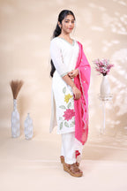Elegant Off-White Floral Embroidered Kurta Set with Bright Pink Embroidered Scalloped Dupatta