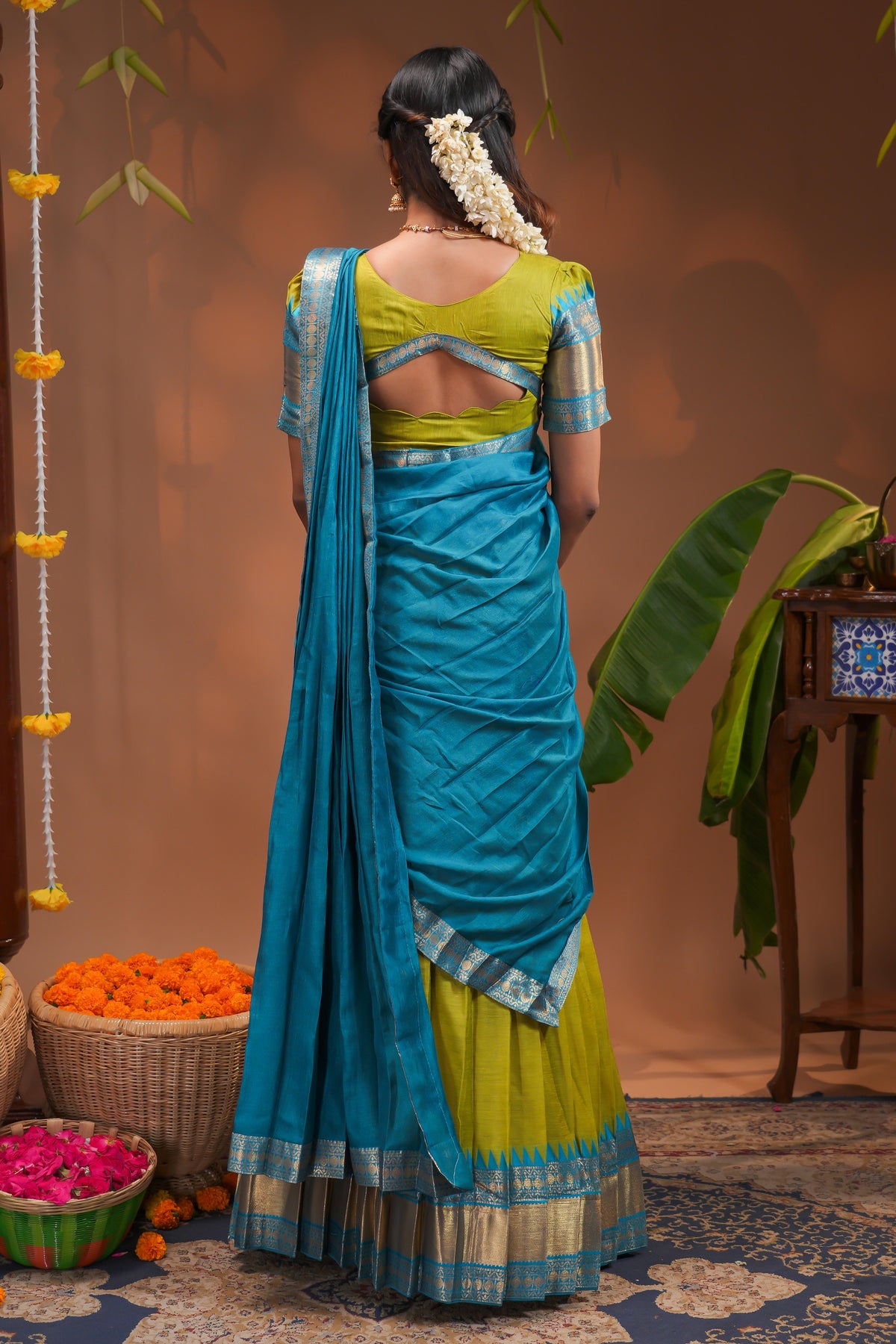 Vibrant Blue and Lime Green Traditional Half Saree Set