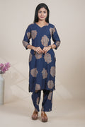 Navy Blue Floral Printed Straight Kurta with Matching Pants Set