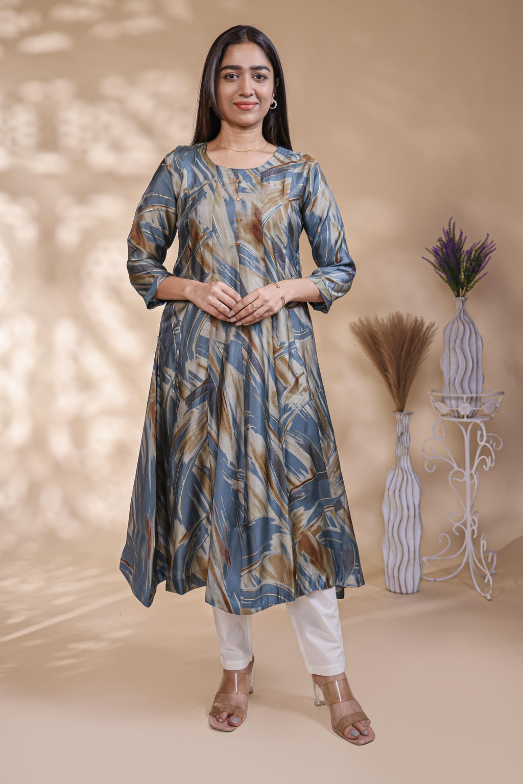 Steel Blue & Ochre Abstract Print Anarkali Kurta umbrella tops