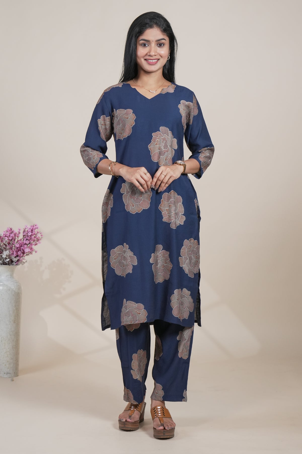 Navy Blue Floral Printed Straight Kurta with Matching Pants Set