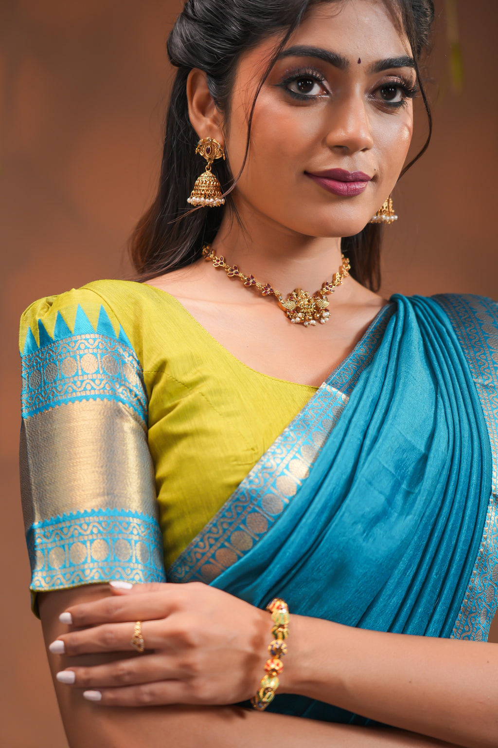 Vibrant Blue and Lime Green Traditional Half Saree Set