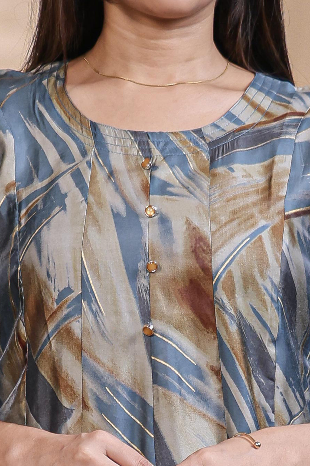 Steel Blue & Ochre Abstract Print Anarkali Kurta umbrella tops