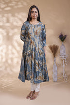 Steel Blue & Ochre Abstract Print Anarkali Kurta umbrella tops