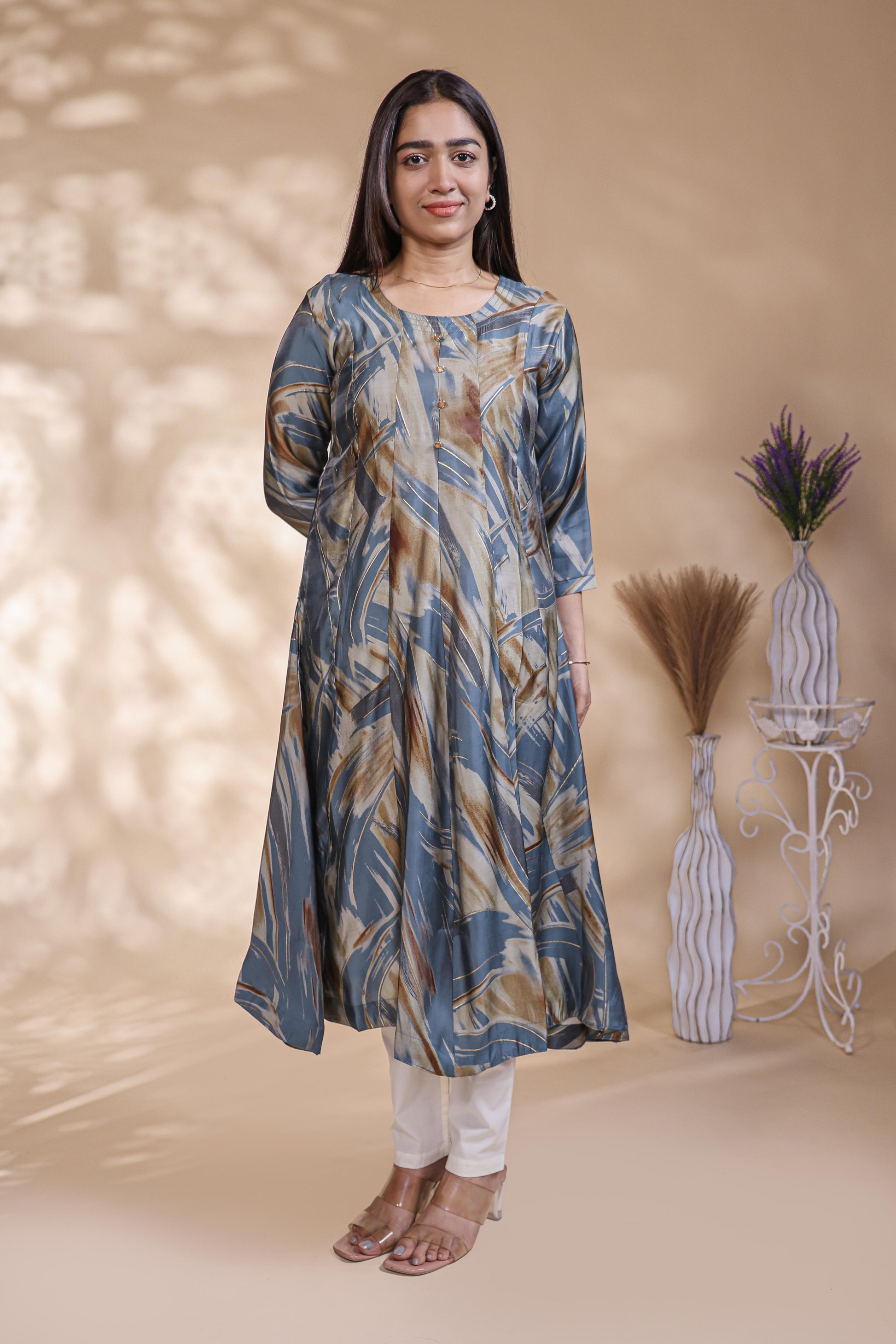 Steel Blue & Ochre Abstract Print Anarkali Kurta umbrella tops