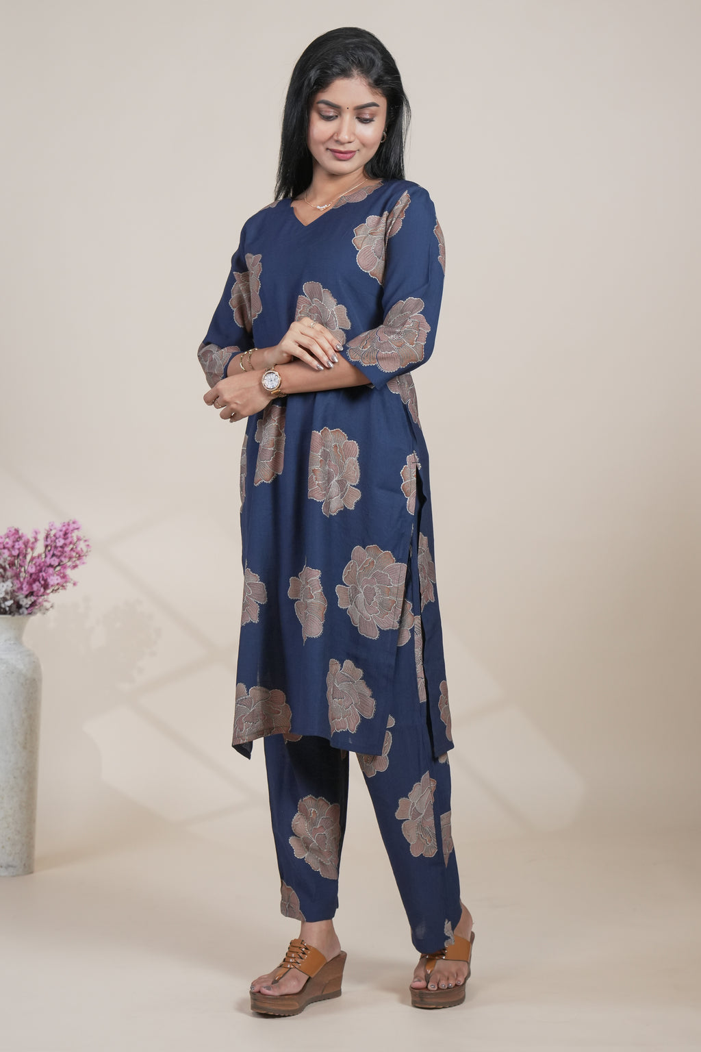 Navy Blue Floral Printed Straight Kurta with Matching Pants Set