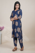 Navy Blue Floral Printed Straight Kurta with Matching Pants Set