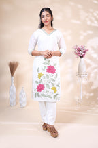 Elegant Off-White Floral Embroidered Kurta Set with Bright Pink Embroidered Scalloped Dupatta