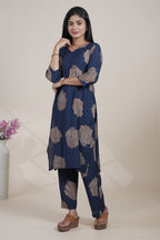 Navy Blue Floral Printed Straight Kurta with Matching Pants Set