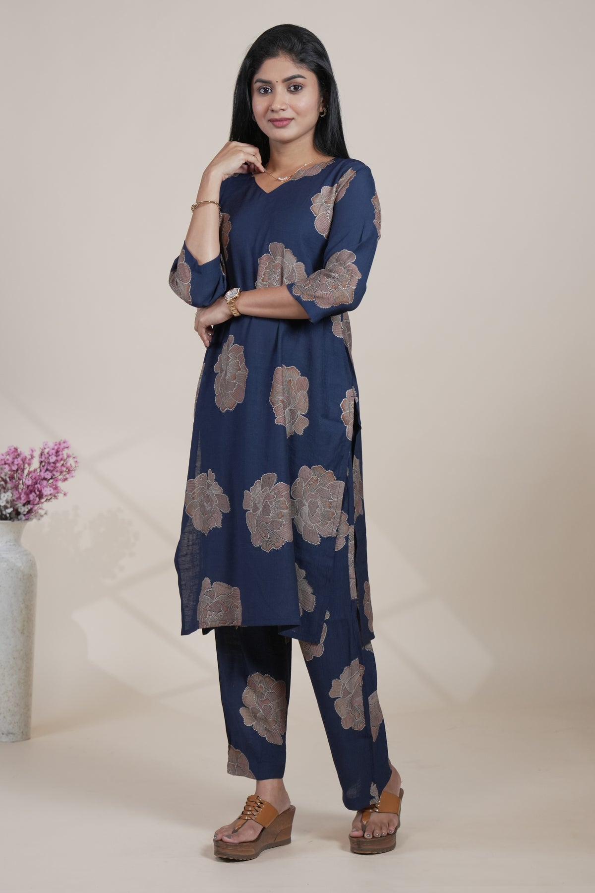 Navy Blue Floral Printed Straight Kurta with Matching Pants Set