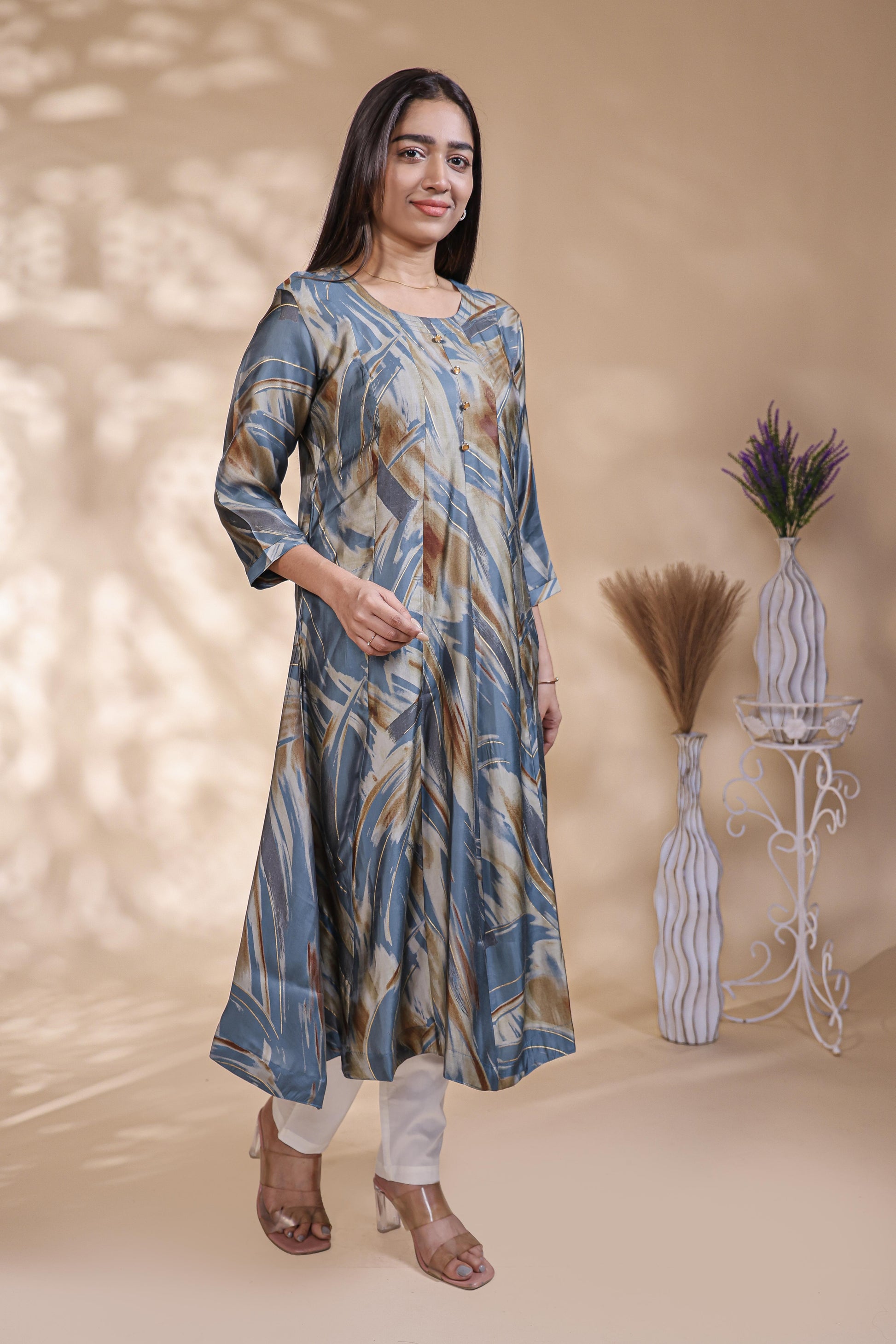 Steel Blue & Ochre Abstract Print Anarkali Kurta umbrella tops