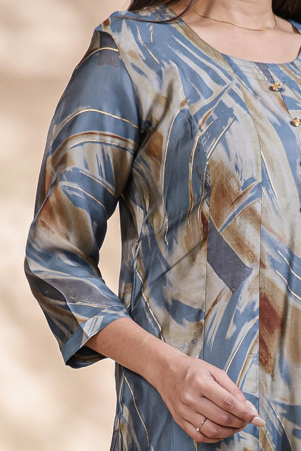 Steel Blue & Ochre Abstract Print Anarkali Kurta umbrella tops