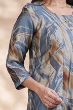 Steel Blue & Ochre Abstract Print Anarkali Kurta umbrella tops