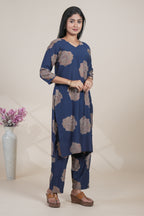 Navy Blue Floral Printed Straight Kurta with Matching Pants Set