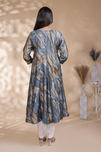 Steel Blue & Ochre Abstract Print Anarkali Kurta umbrella tops