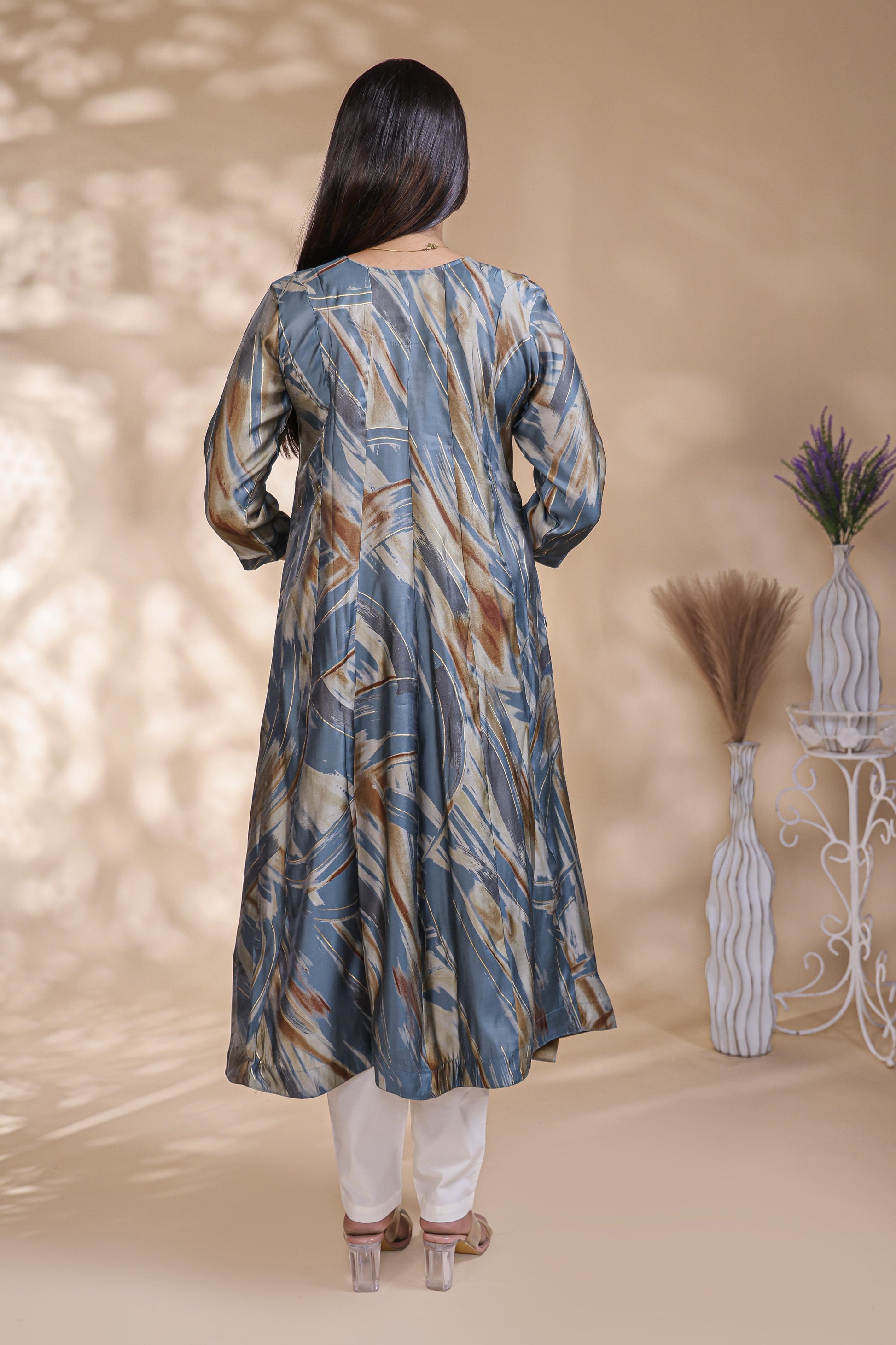 Steel Blue & Ochre Abstract Print Anarkali Kurta umbrella tops