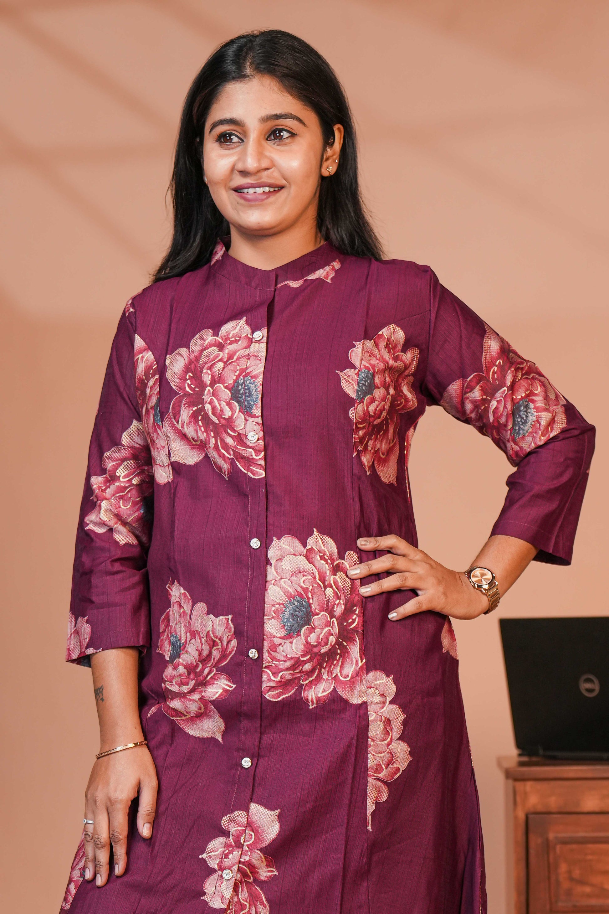 Straight-Cut Kurta With Coordinated Pants Rice wine Deep maroon Purple Floral Print Kurta Set