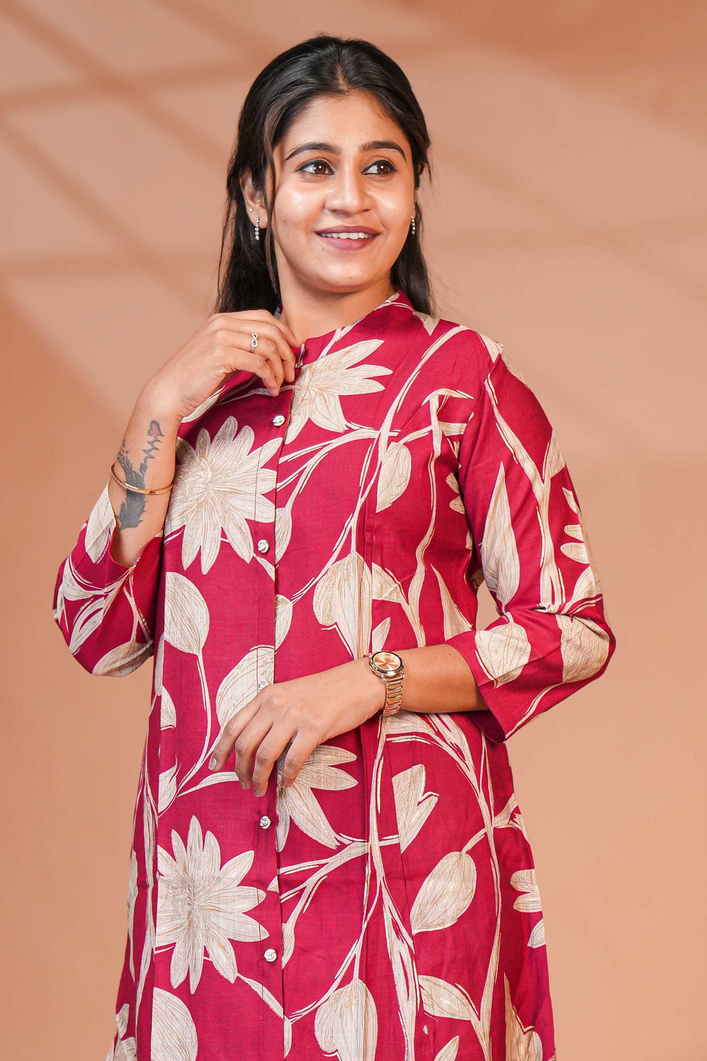 This Two-Piece Ethnic Dark Pink Flower Design  Co-Ord Set Aline Tops