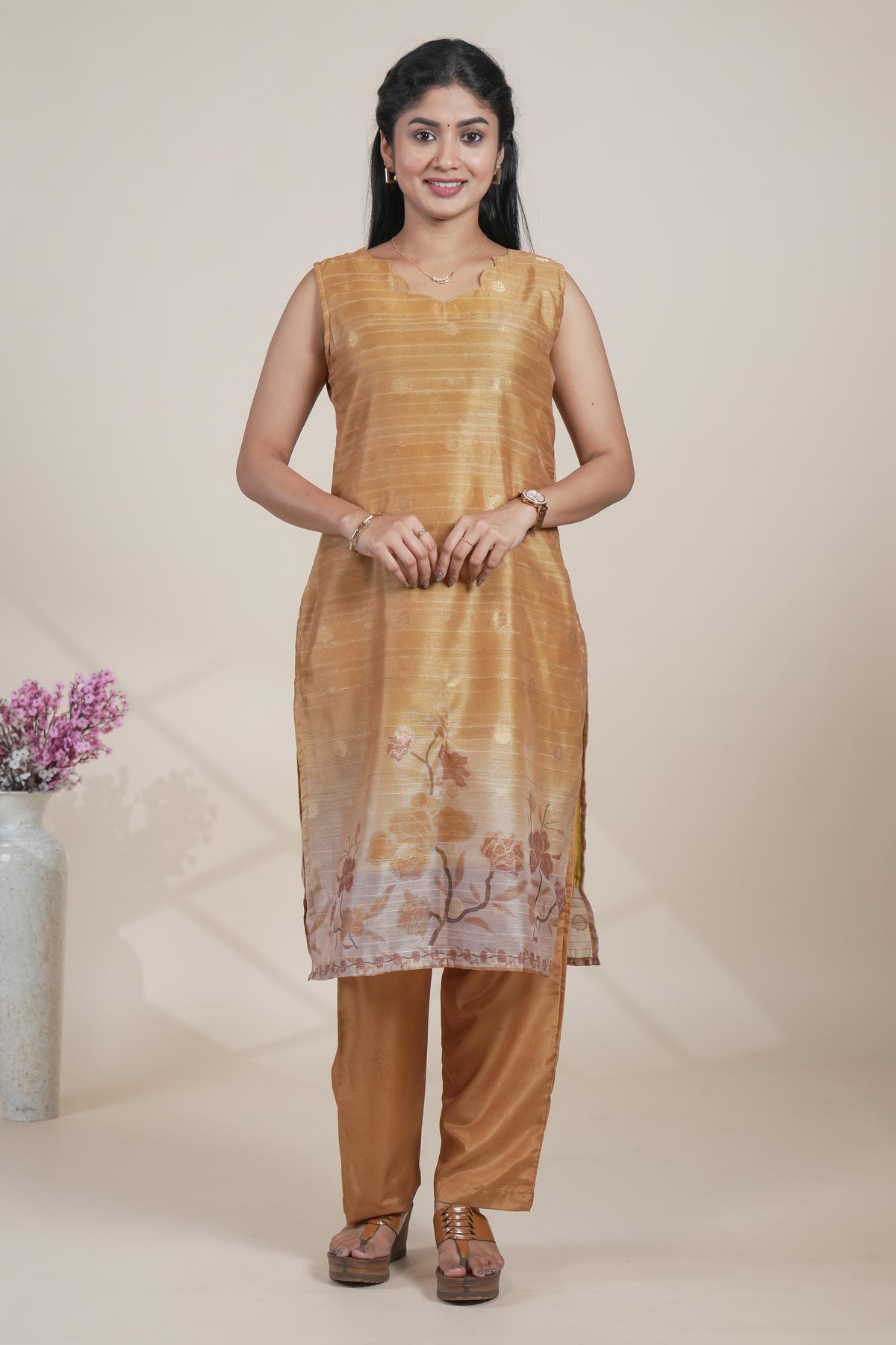 Elegant Mustard Chanderi Silk Blend Set with Floral Print Dupatta