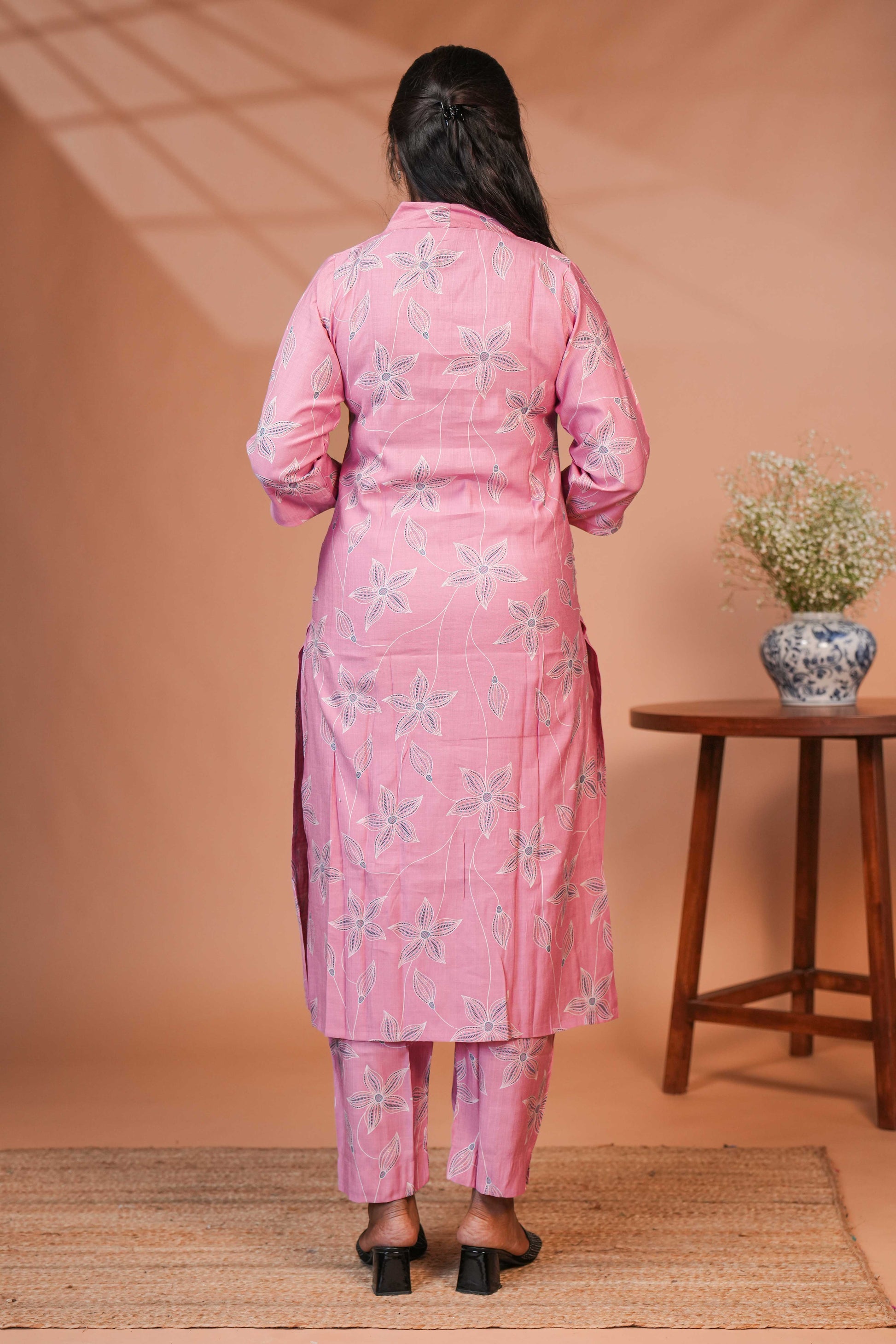 A Longline Shirt-Style Kurta Deep Magenta Pink Botanical design Kurti