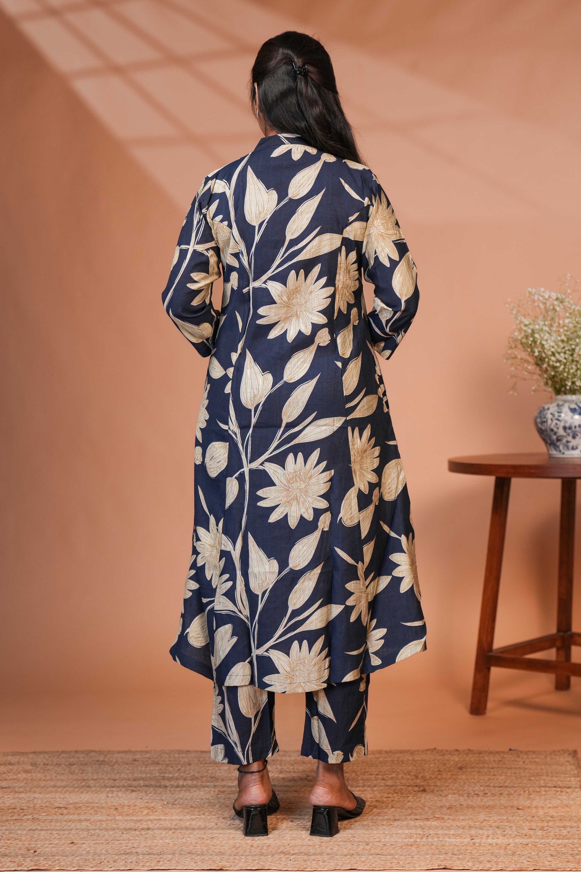 The Base is a Deep, midnight blue/indigo Co-Ord set Model Kurti