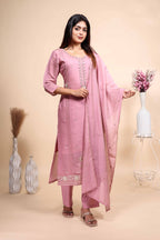 Elegant Dusty Pink Hand-Embroidered 3 piece Set with Dupatta