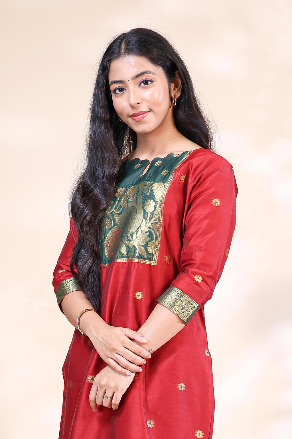 Red and Dark Green Banarasi Silk Festive 3 Piece Set with Matching Dupatta