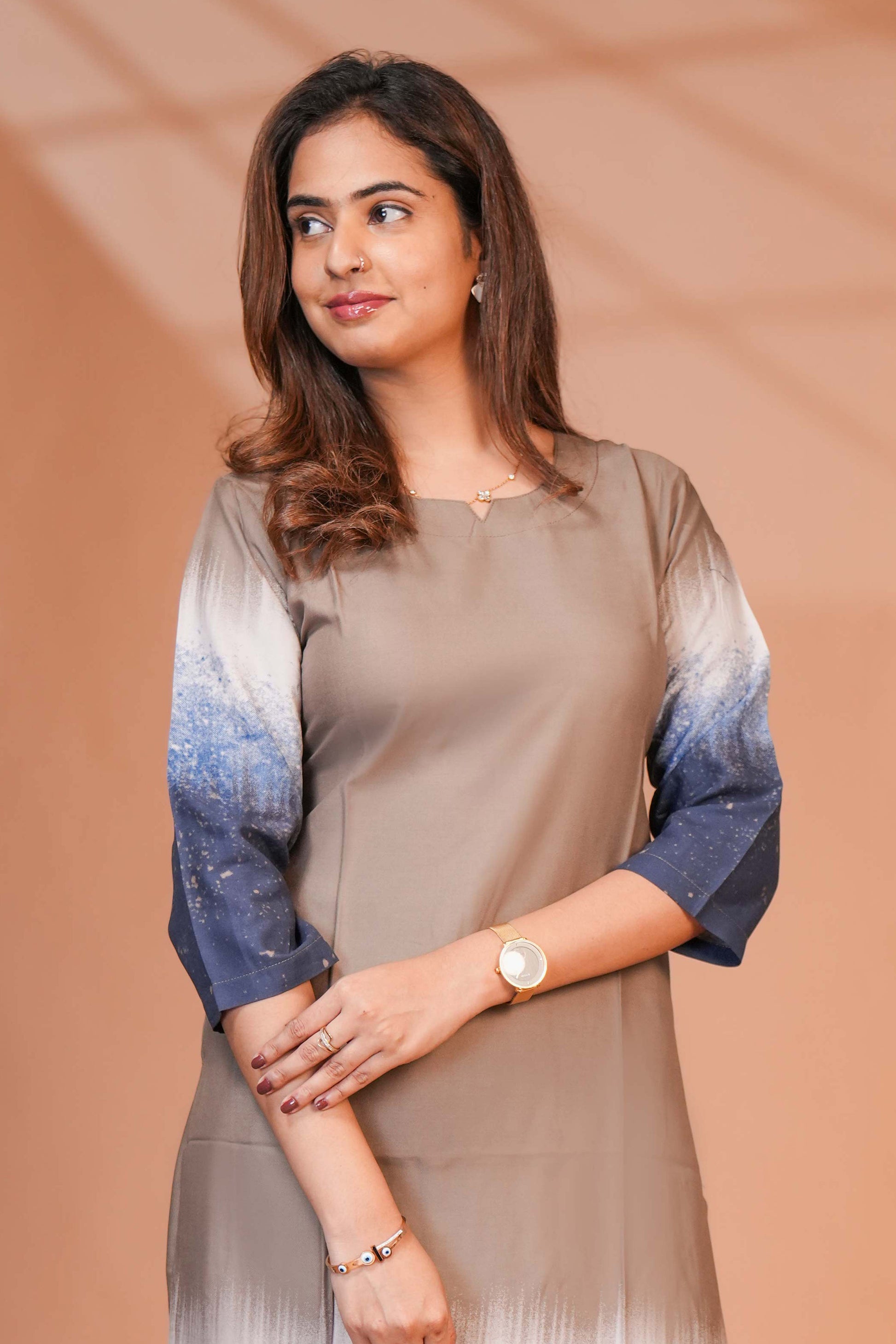 A muted Taupe/mocha brown at the top to a vibrant cobalt and navy blue