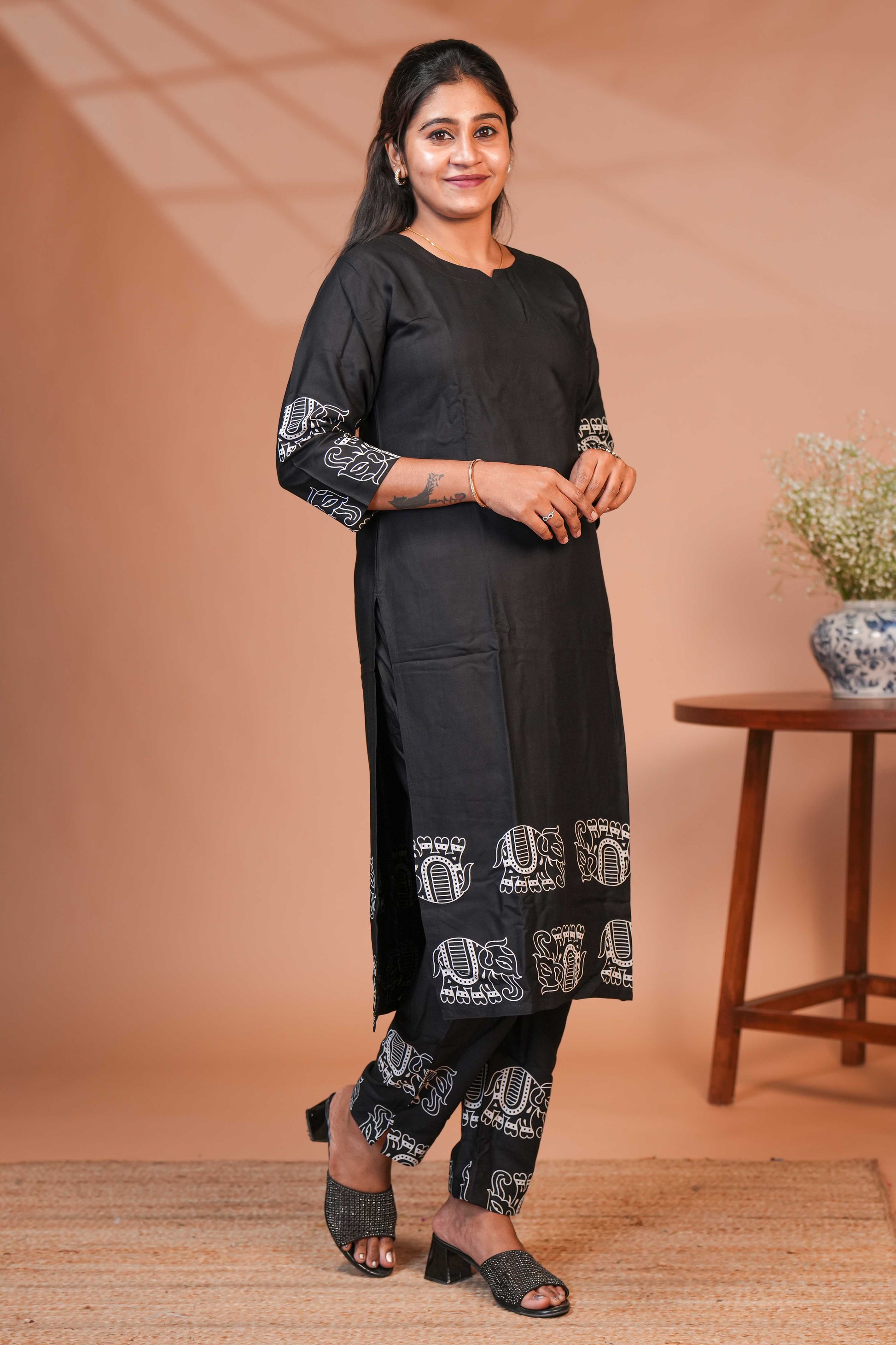 Black Co- Ord set With Ethnic Elephant Motifs