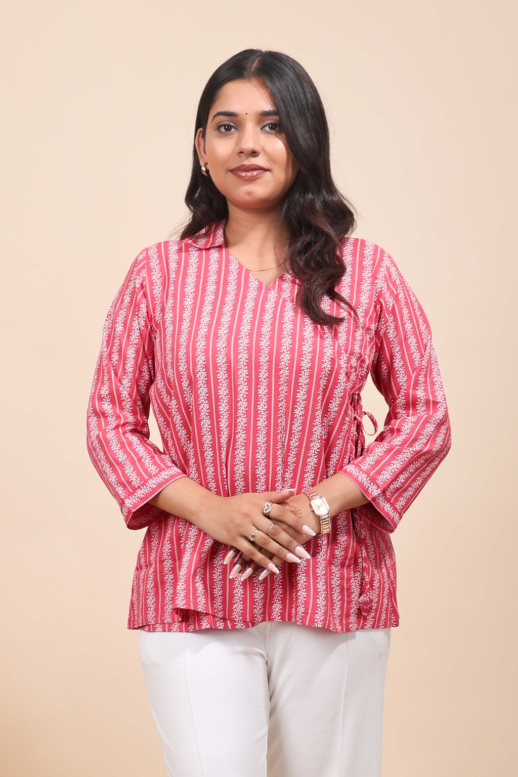 Women's Coral Pink Printed Angrakha Fusion Short Top