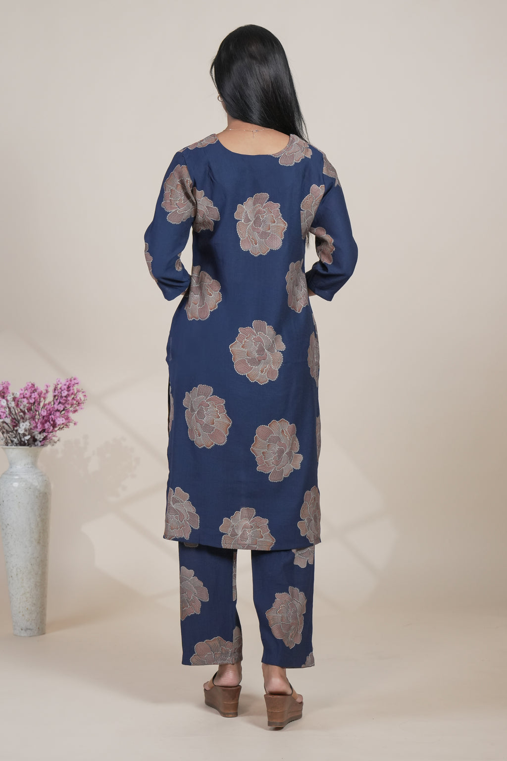Navy Blue Floral Printed Straight Kurta with Matching Pants Set