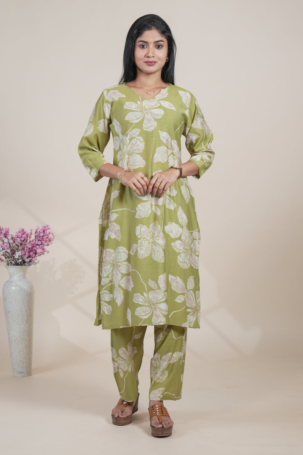 Olive Green Floral Printed Straight Kurta with Matching Pants Set