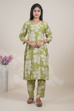 Olive Green Floral Printed Straight Kurta with Matching Pants Set
