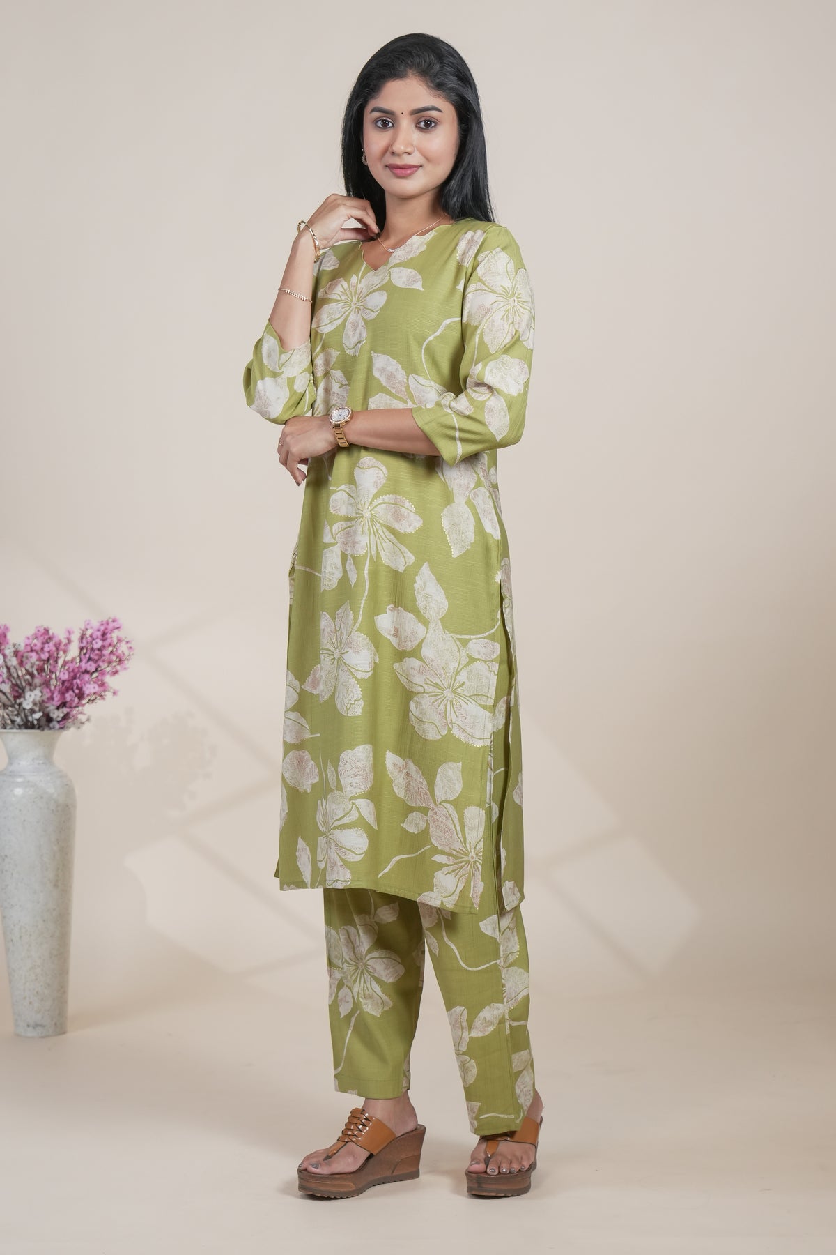 Olive Green Floral Printed Straight Kurta with Matching Pants Set