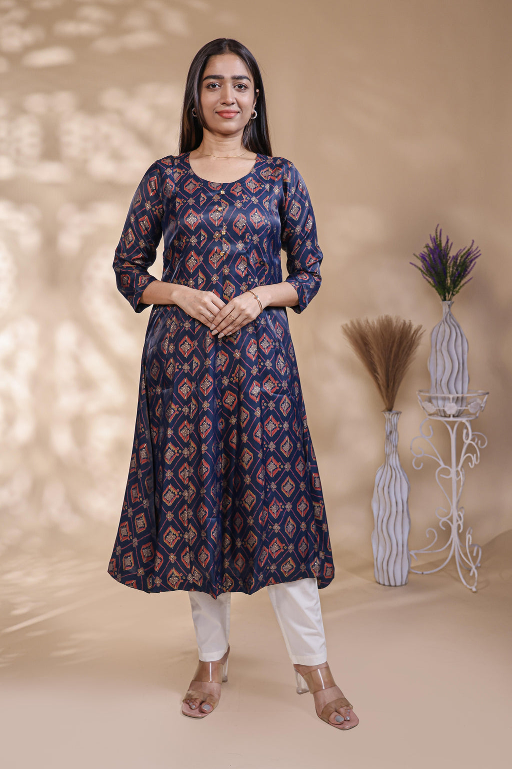 Navy Blue Printed Silk Blend Anarkali Kurta umbrella top